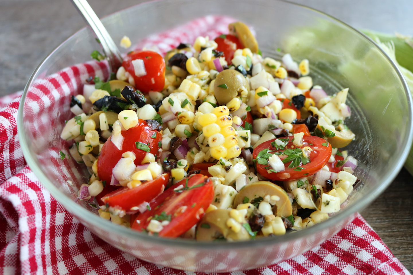 Olinda Olives Recipe Grilled Corn, Tomato and Olive Salad